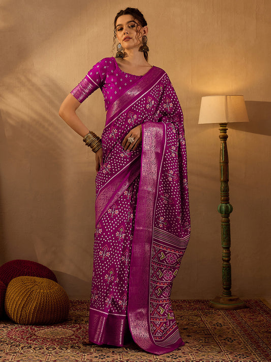 Women's Silk Blend Magenta Printed Designer Saree With Blouse Piece