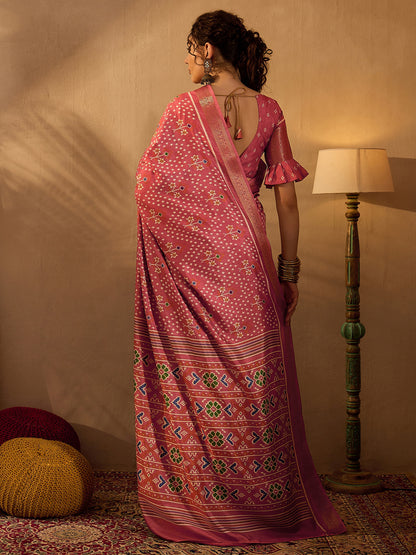 Women's Silk Blend Pink Printed Designer Saree With Blouse Piece