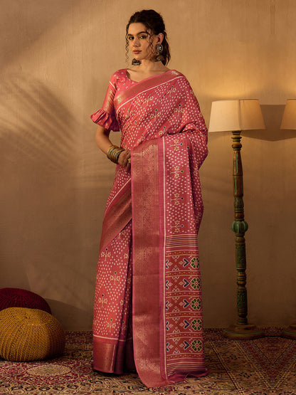 Women's Silk Blend Pink Printed Designer Saree With Blouse Piece