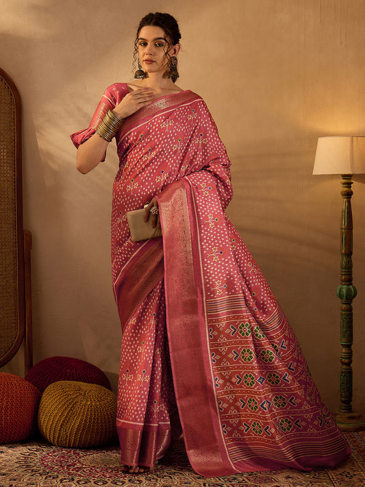 Women's Silk Blend Pink Printed Designer Saree With Blouse Piece