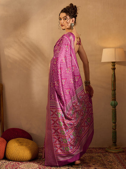 Women's Silk Blend Pink Printed Designer Saree With Blouse Piece