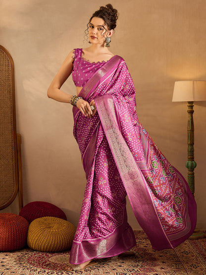 Women's Silk Blend Pink Printed Designer Saree With Blouse Piece