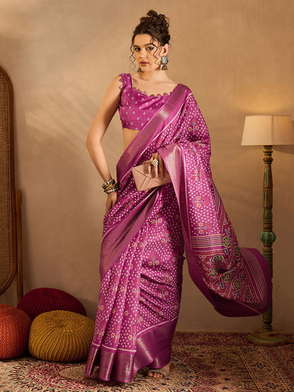 Women's Silk Blend Pink Printed Designer Saree With Blouse Piece