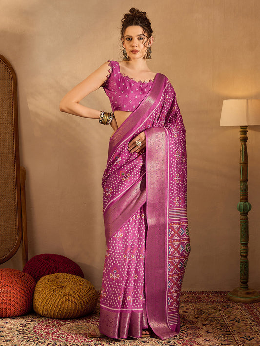 Women's Silk Blend Pink Printed Designer Saree With Blouse Piece