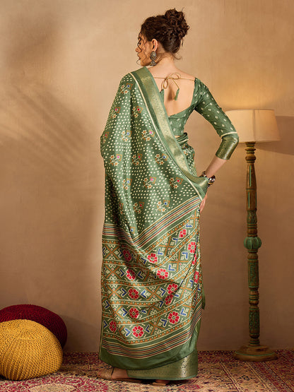 Women's Silk Blend Sea Green Printed Designer Saree With Blouse Piece