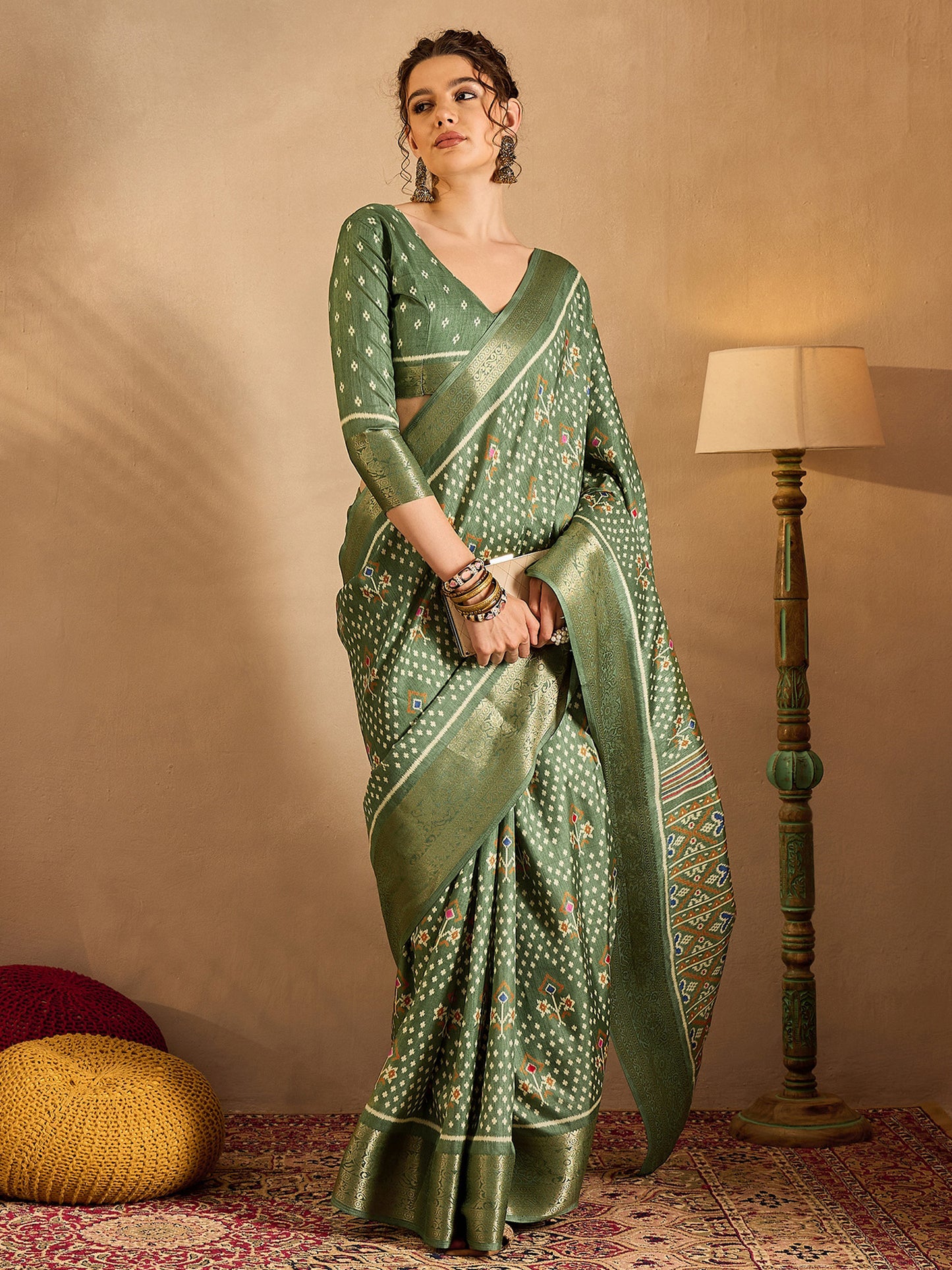 Women's Silk Blend Sea Green Printed Designer Saree With Blouse Piece