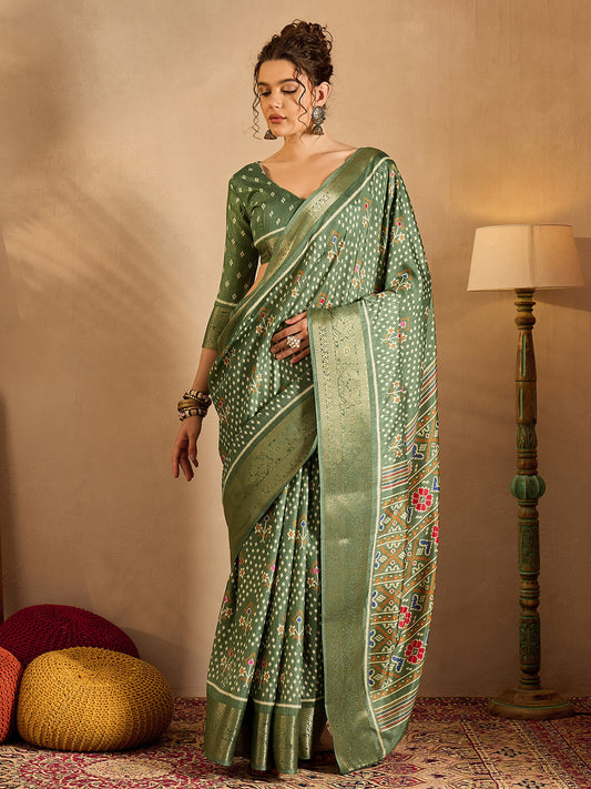 Women's Silk Blend Sea Green Printed Designer Saree With Blouse Piece