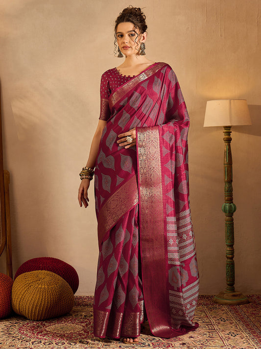 Women's Silk Blend Magenta Printed Designer Saree With Blouse Piece
