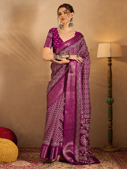 Women's Silk Blend Magenta Printed Designer Saree With Blouse Piece