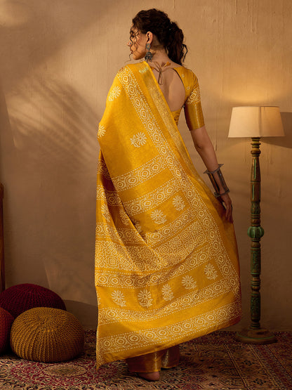 Women's Silk Blend Mustard Printed Designer Saree With Blouse Piece