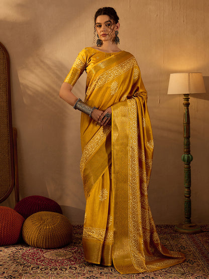 Women's Silk Blend Mustard Printed Designer Saree With Blouse Piece