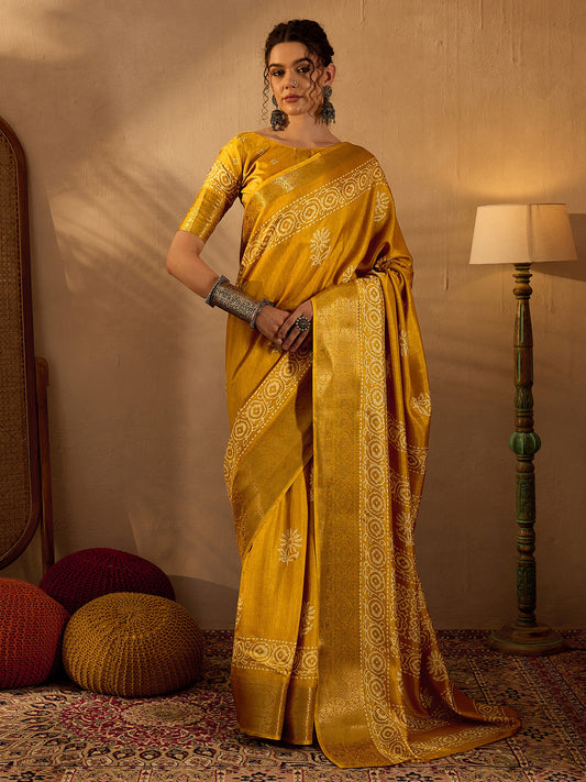 Women's Silk Blend Mustard Printed Designer Saree With Blouse Piece