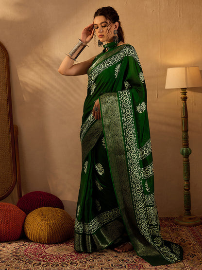 Women's Silk Blend Green Printed Designer Saree With Blouse Piece