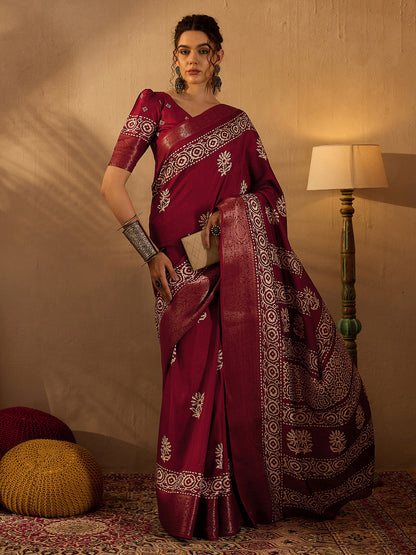 Women's Silk Blend Maroon Printed Designer Saree With Blouse Piece