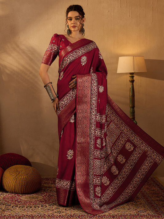 Women's Silk Blend Maroon Printed Designer Saree With Blouse Piece