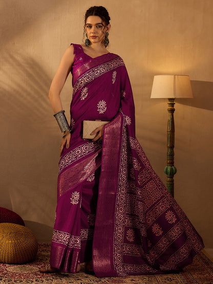 Women's Silk Blend Magenta Printed Designer Saree With Blouse Piece