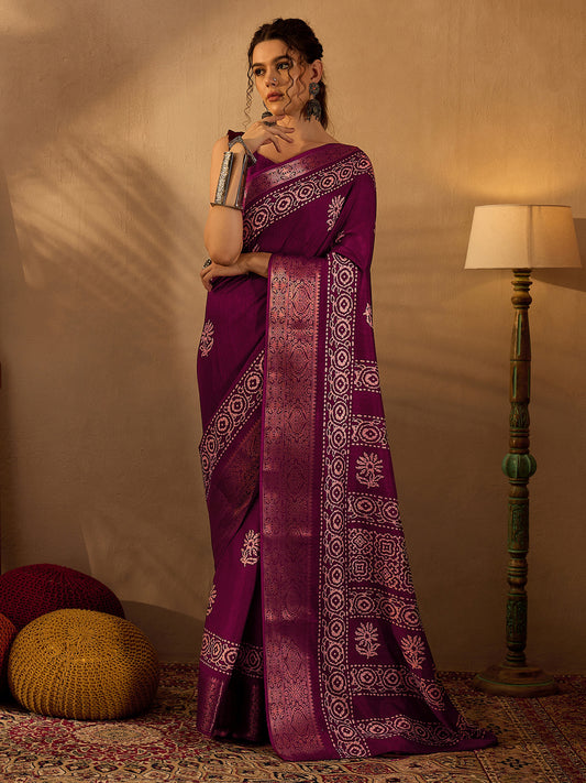 Women's Silk Blend Magenta Printed Designer Saree With Blouse Piece