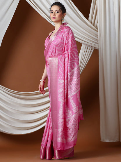 Women's Silk Blend Pink Printed Designer Saree With Blouse Piece