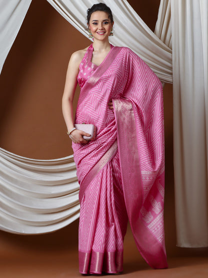 Women's Silk Blend Pink Printed Designer Saree With Blouse Piece