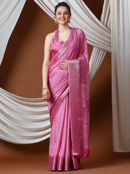 Women's Silk Blend Pink Printed Designer Saree With Blouse Piece