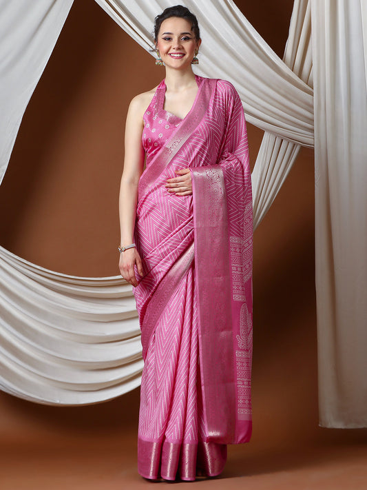Women's Silk Blend Pink Printed Designer Saree With Blouse Piece