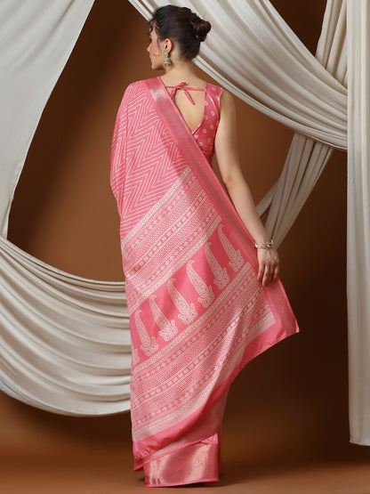 Women's Silk Blend Pink Printed Designer Saree With Blouse Piece