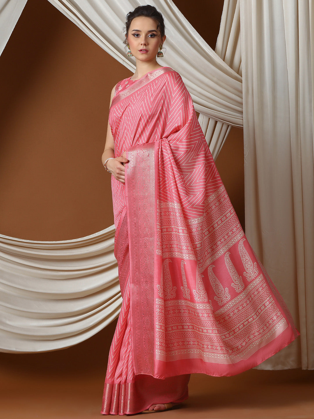Women's Silk Blend Pink Printed Designer Saree With Blouse Piece