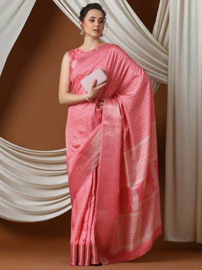 Women's Silk Blend Pink Printed Designer Saree With Blouse Piece
