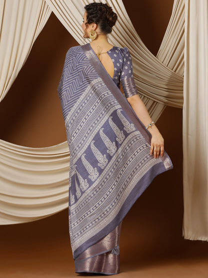 Women's Silk Blend Lavendar Printed Designer Saree With Blouse Piece