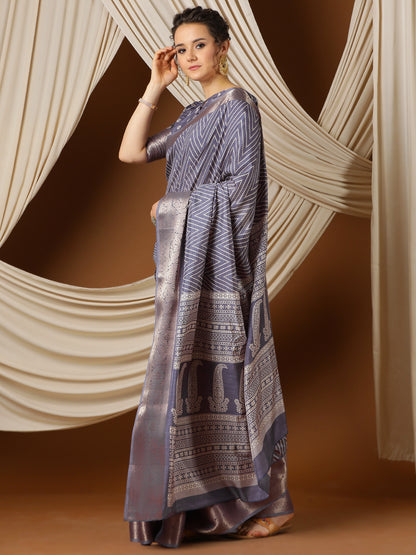 Women's Silk Blend Lavendar Printed Designer Saree With Blouse Piece