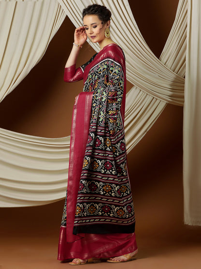 Women's Silk Blend Black Printed Designer Saree With Blouse Piece