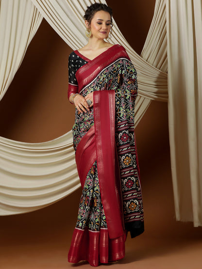 Women's Silk Blend Black Printed Designer Saree With Blouse Piece