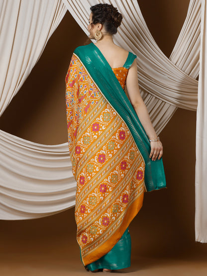 Women's Silk Blend Orange Printed Designer Saree With Blouse Piece