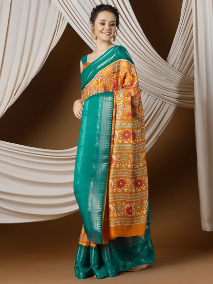 Women's Silk Blend Orange Printed Designer Saree With Blouse Piece