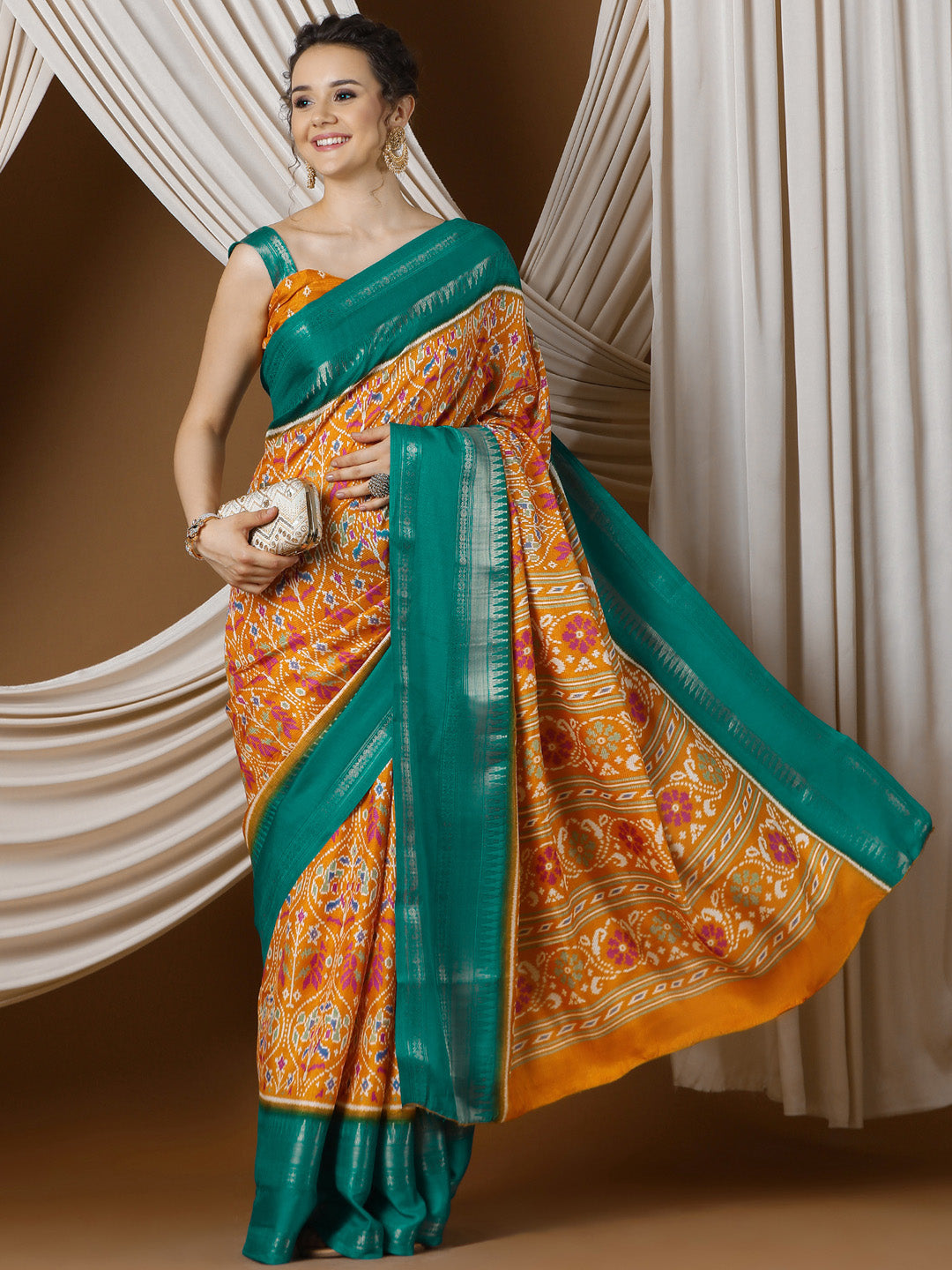 Women's Silk Blend Orange Printed Designer Saree With Blouse Piece