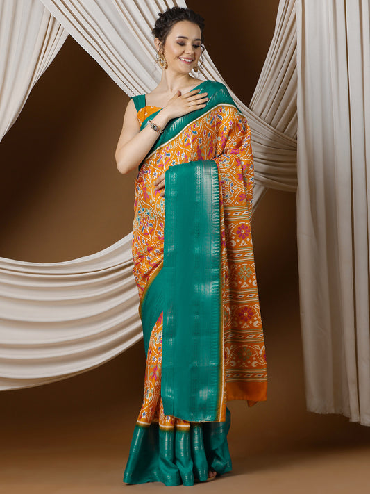 Women's Silk Blend Orange Printed Designer Saree With Blouse Piece