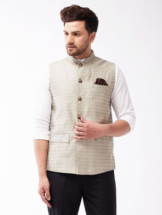 Men's Beige Silk Blend Straight Nehru Jacket