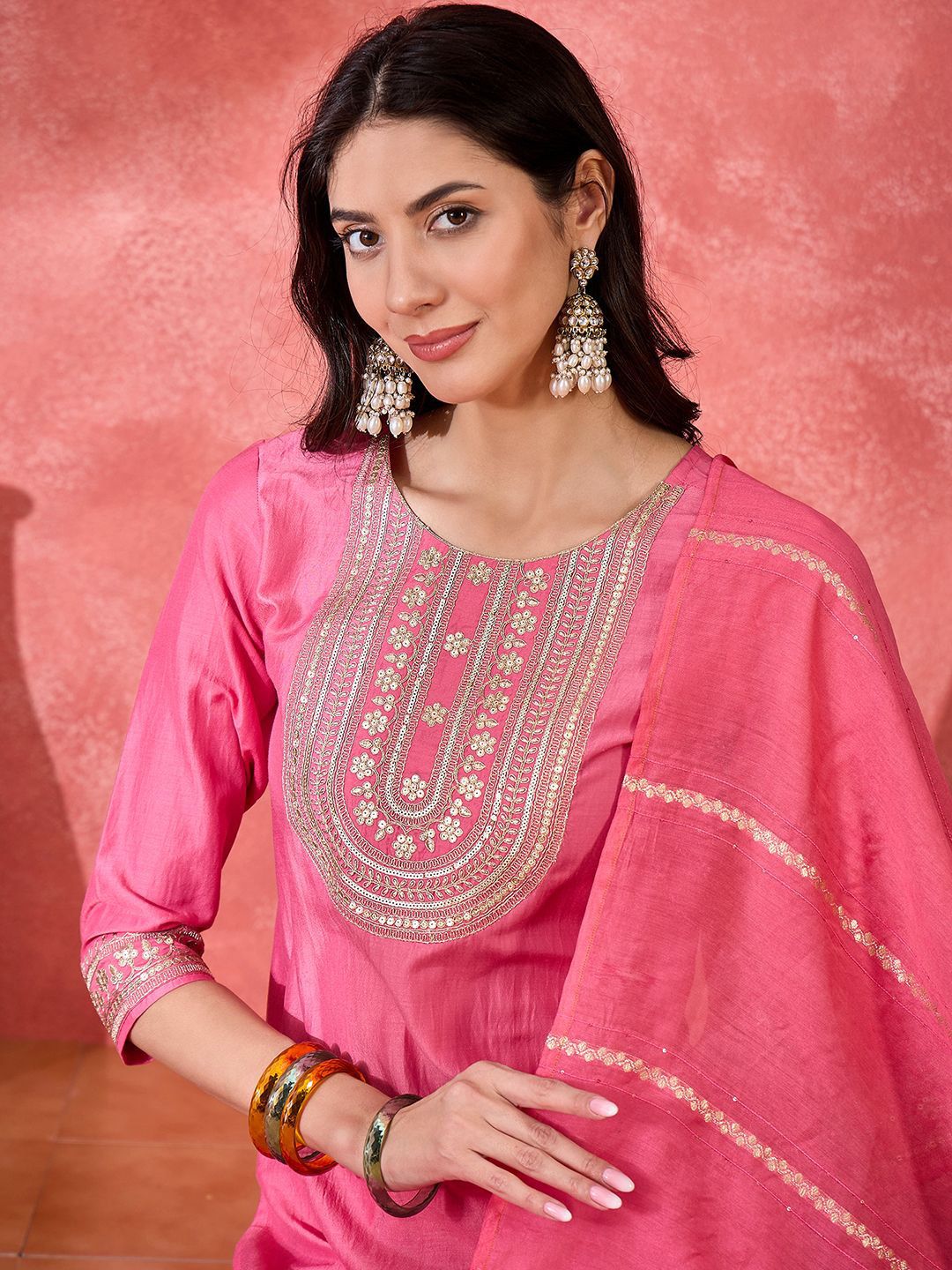 Dhiyona SN Women's Floral Embroidered Kurta with Trousers & Dupatta
