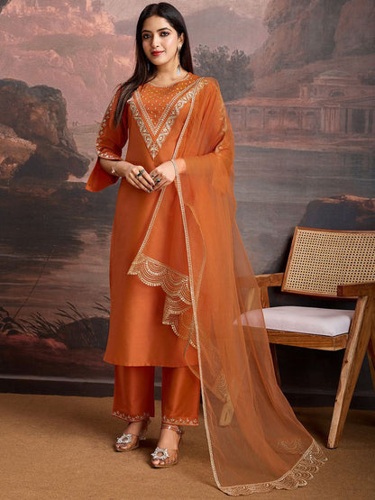 Dhiyona PD Women Embroidered Kurta & Trousers With Net Dupatta Set