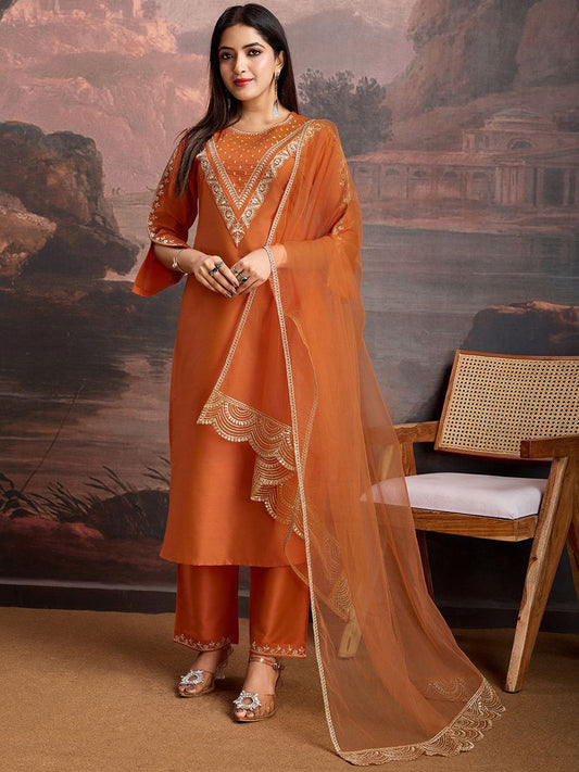 Dhiyona PD Women Embroidered Kurta & Trousers With Net Dupatta Set