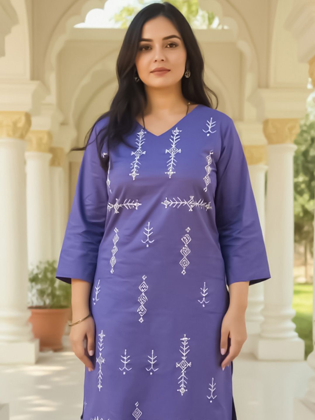 Dhiyona IE Ethnic Motifs Embroidered Thread Work Pure Cotton Straight Kurta With Trousers