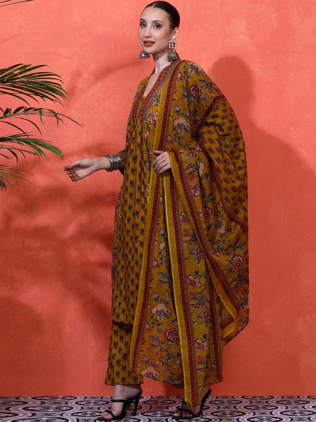 Dhiyona SN Women's Floral Embroidered A-Line Pure Cotton Kurta With Trousers & Dupatta