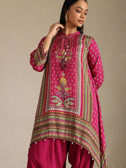 Dhiyona SO Women's Women Ethnic Motifs Printed Tie-Up Neck Regular Kurta with Dhoti Pants