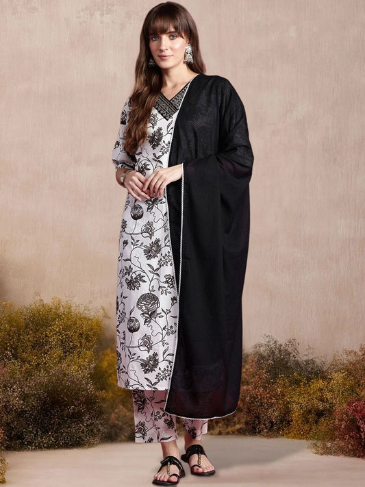 Women Floral Printed Regular Thread Work Pure Cotton Kurta with Trousers & With Dupatta