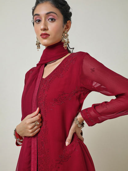 Dhiyona SO Women's Floral Embroidered Beads & Stones Straight Kurti with Sharara & Dupatta