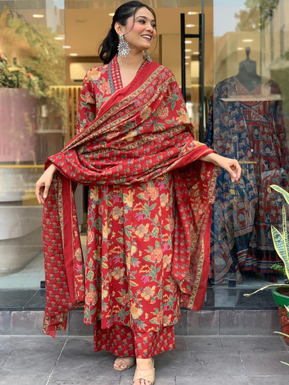 Dhiyona KL Women Floral Printed V-Neck Anarkali Kurta With Palazzos & Dupatta