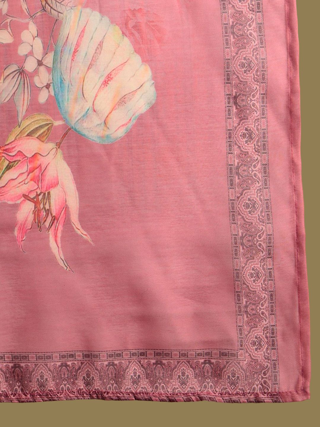 Floral Printed Thread Work Chanderi Silk Straight Kurta with Trouser & Dupatta