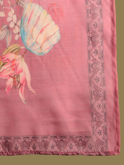Floral Printed Thread Work Chanderi Silk Straight Kurta with Trouser & Dupatta