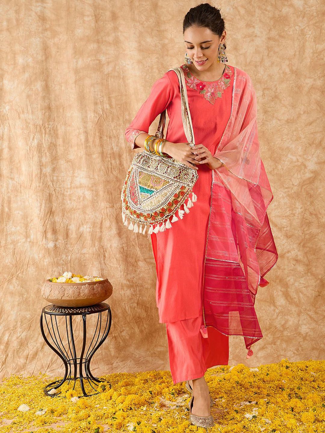 Floral Yoke Design Straight Sequinned Liva Kurta with Palazzos & Dupatta