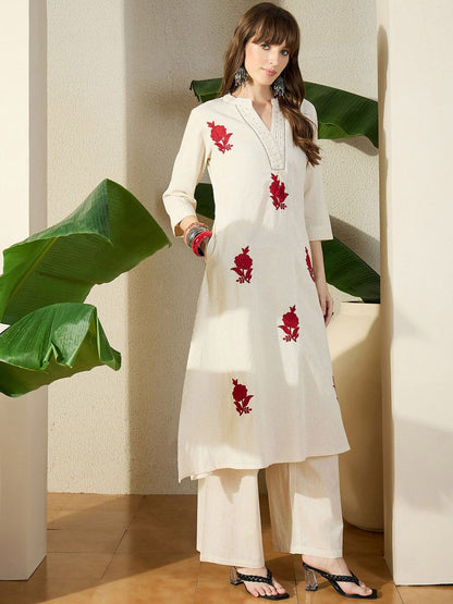 Dhiyona IE Floral Embroidered Pure Cotton Mandarin Collar Top With Trousers Co-Ords
